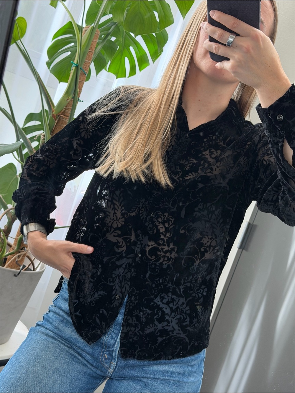 Vintage Lauren Ralph Lauren Black Velvet Burnout Semi Sheer Blouse P Fits XS/S